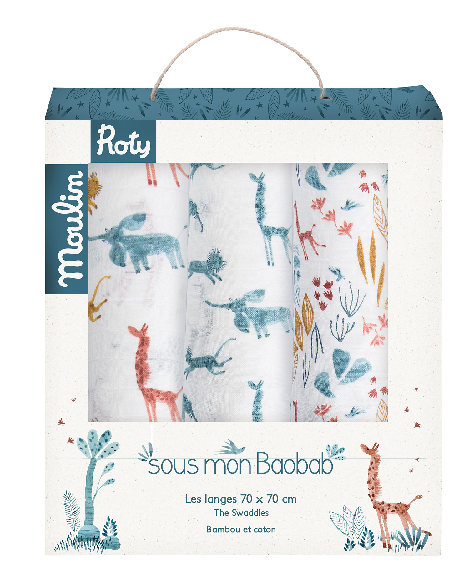 Set de 3 langes imprimés (bleu/girafe/animaux) Sous mon baobab